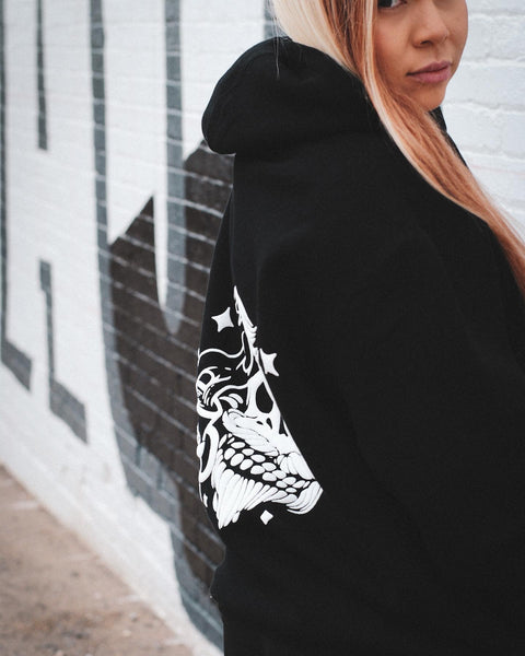 PULLOVER HOODIE Inked and Caffeinated Skull- Black