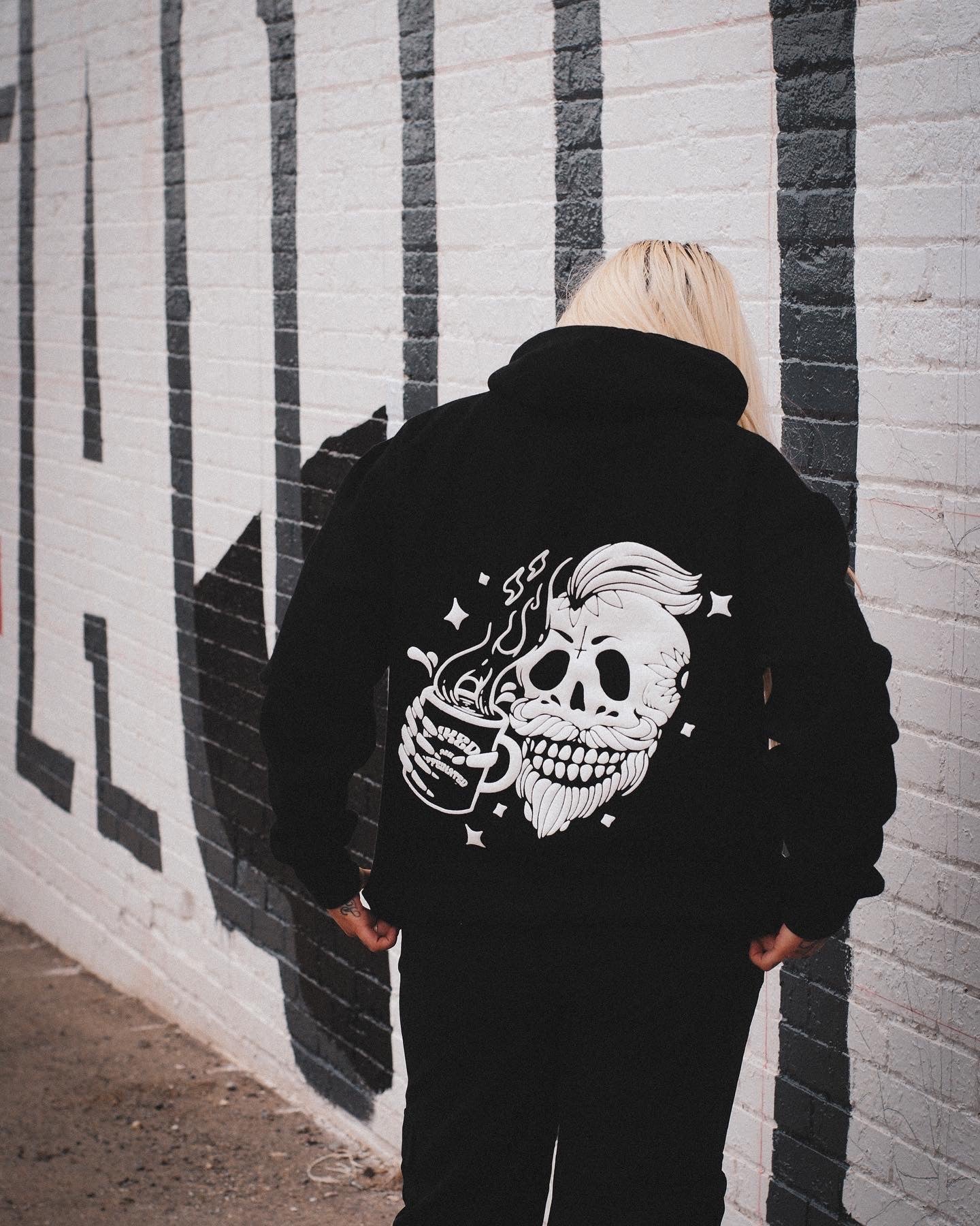PULLOVER HOODIE Inked and Caffeinated Skull- Black